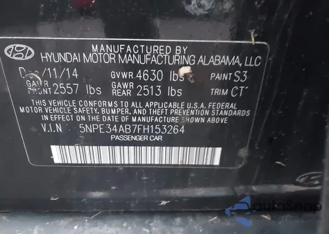 2015 Hyundai Sonata Sport 2.0T z USA, uszkodzony, nr VIN 5NPE34AB7FH153264